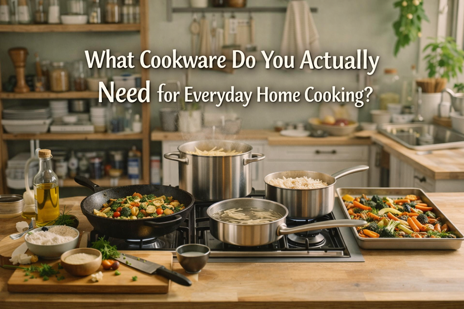 Kitchen scene with cookware and ingredients on a stove, text overlay about cookware needs.