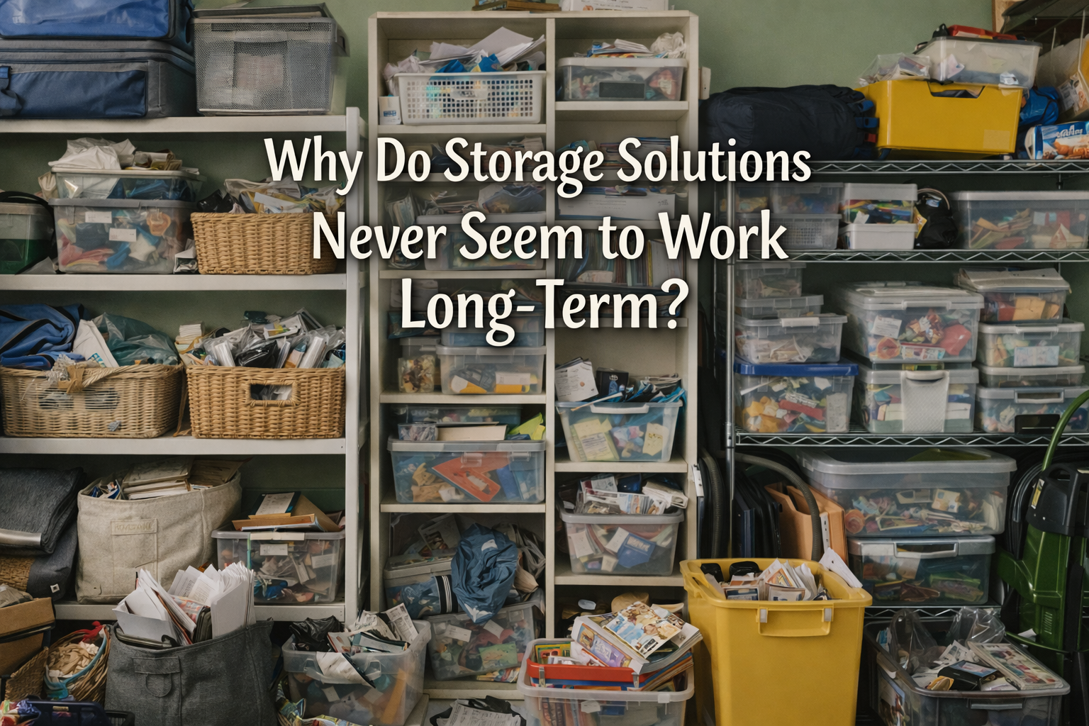 Storage shelves with various items and text overlay 'Why Do Storage Solutions Never Seem to Work Long-Term?'