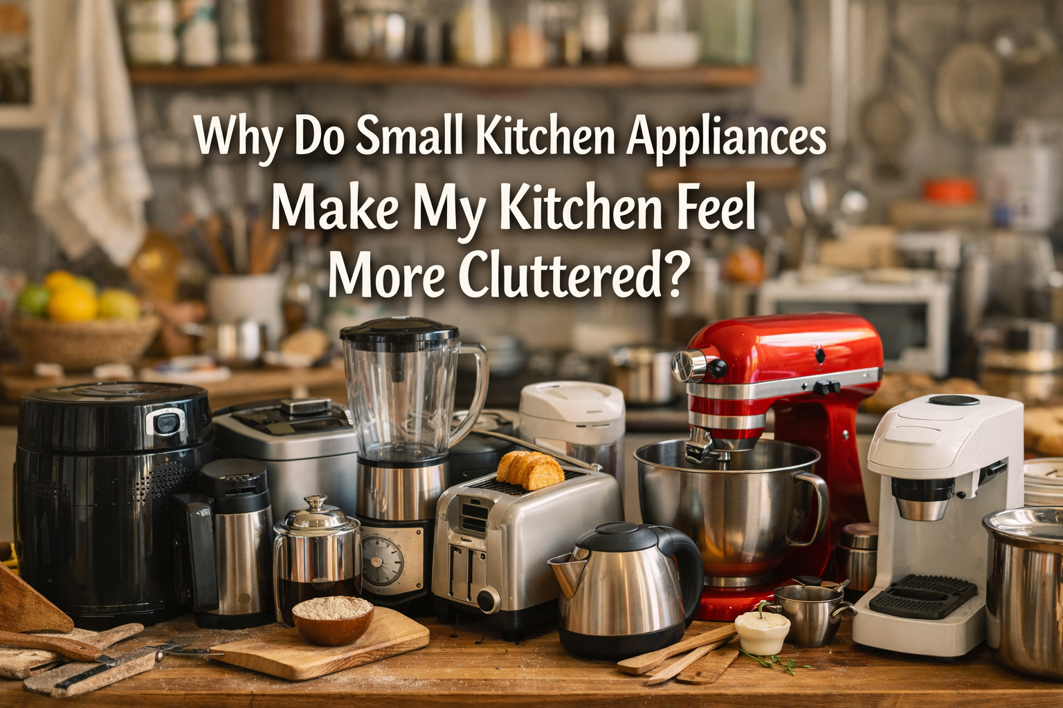 Collection of small kitchen appliances on a counter with text overlay.